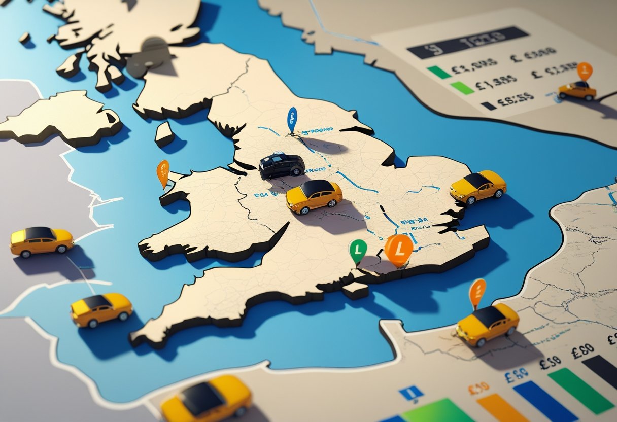 Map of the United Kingdom with icons of learner drivers and price tags indicating driving lesson costs in different regions.