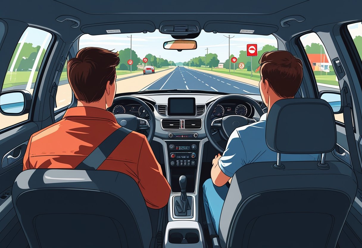 A driving instructor supervising a learner driver inside a private car on a suburban road.