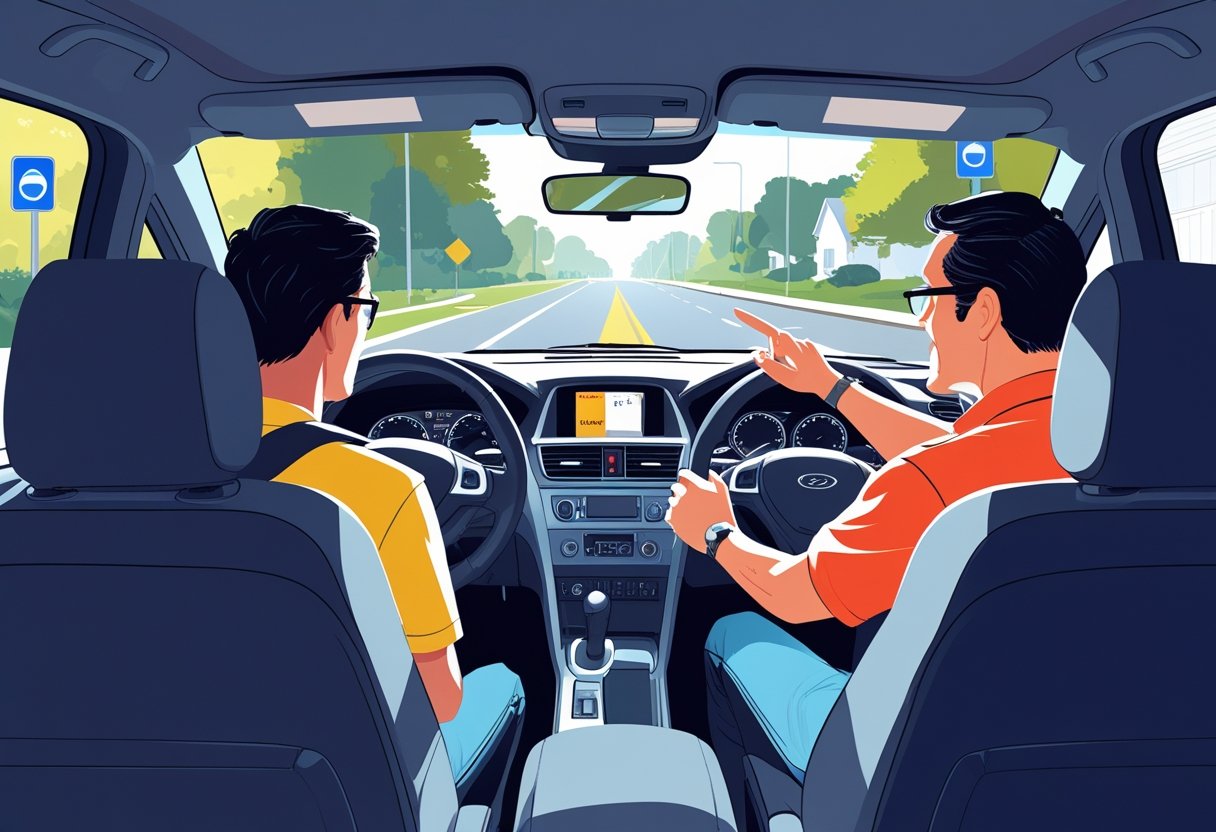 An adult supervising a learner driver inside a private car on a suburban street, both wearing seatbelts and focused on driving.