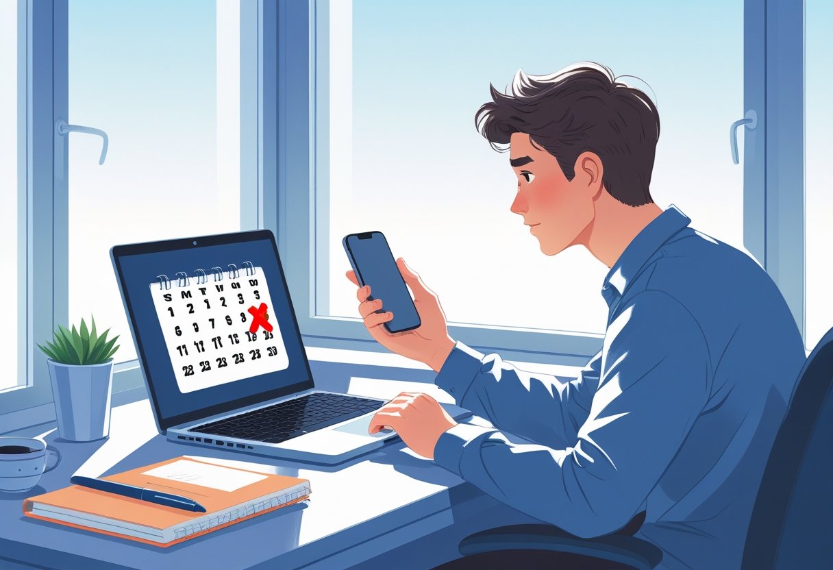 A young adult sitting at a desk with a laptop and smartphone, looking at a calendar showing a cancelled driving lesson, appearing calm and thoughtful.