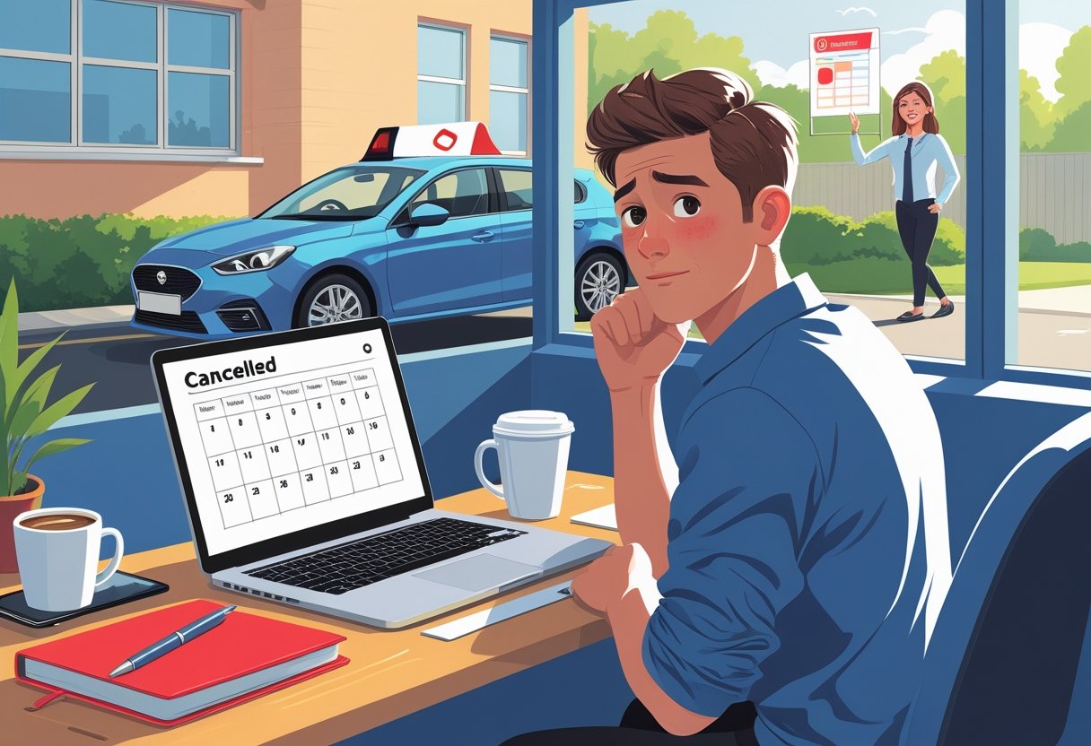 A young adult sitting at a desk with a laptop showing a cancelled driving lesson on a calendar, a smartphone, and a notebook, while a driving instructor waves from a car outside a building.