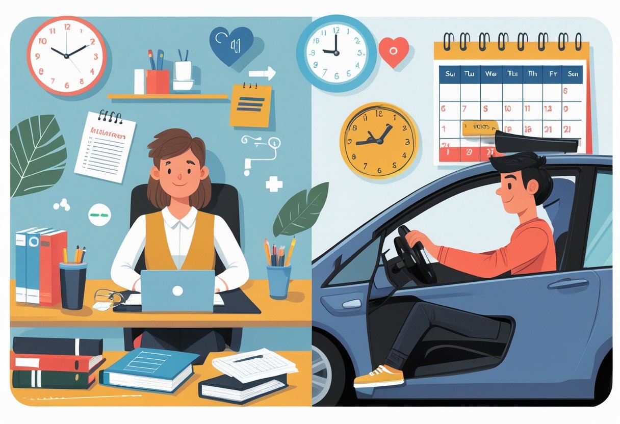 A young adult studying at a desk with books and a laptop on one side, and learning to drive with an instructor in a car on the other, with a clock and calendar in the background.