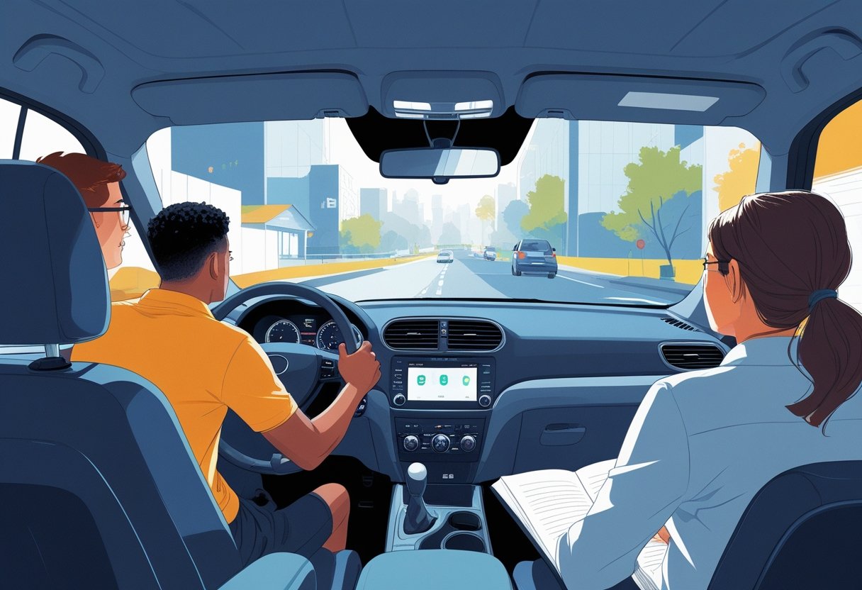 A young adult learning to drive while also studying at a desk and preparing for work, showing the challenge of balancing driving lessons with school and job commitments.