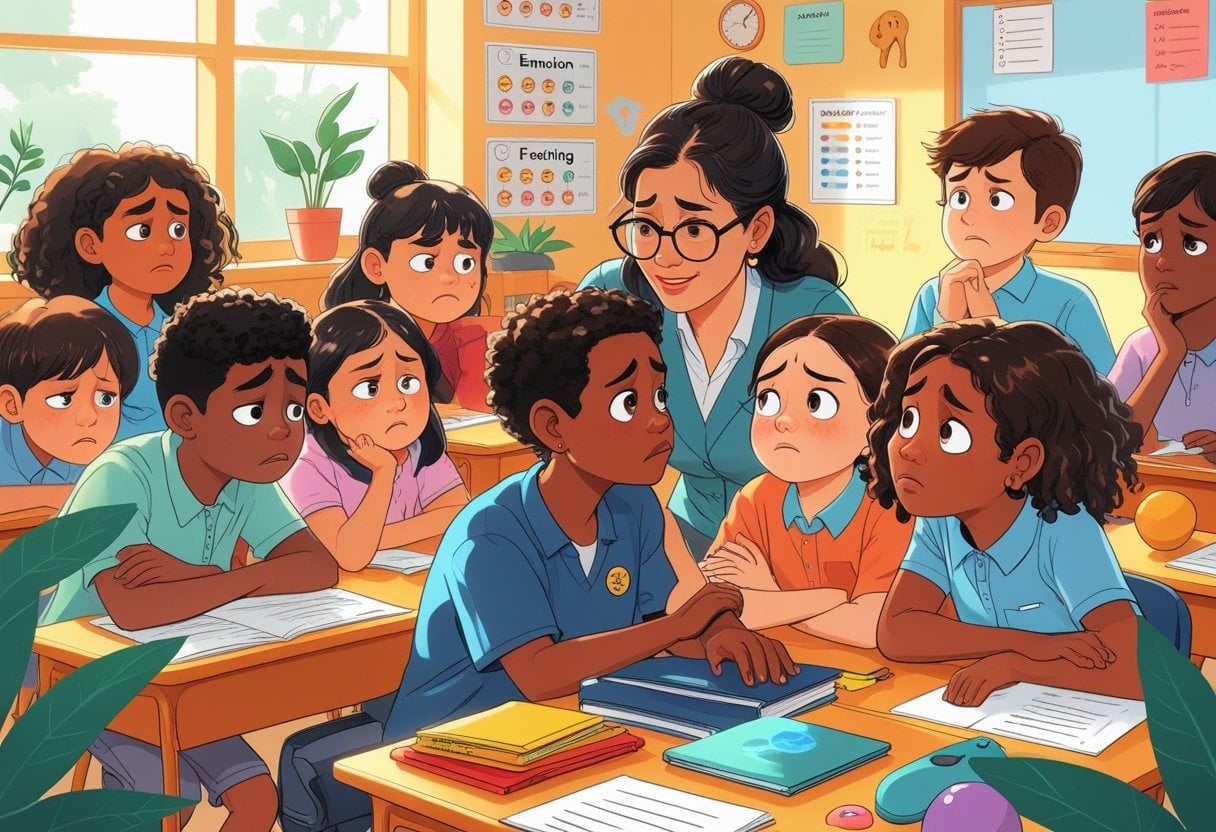 A teacher calmly supporting a small group of anxious students in a bright, welcoming classroom with calming elements and learning tools.