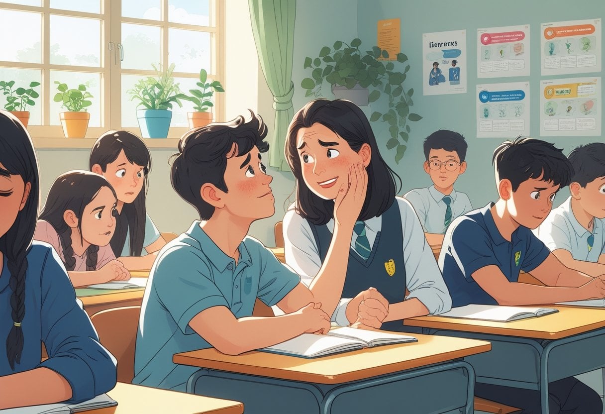 A teacher gently supporting an anxious student in a bright classroom while other students work quietly.