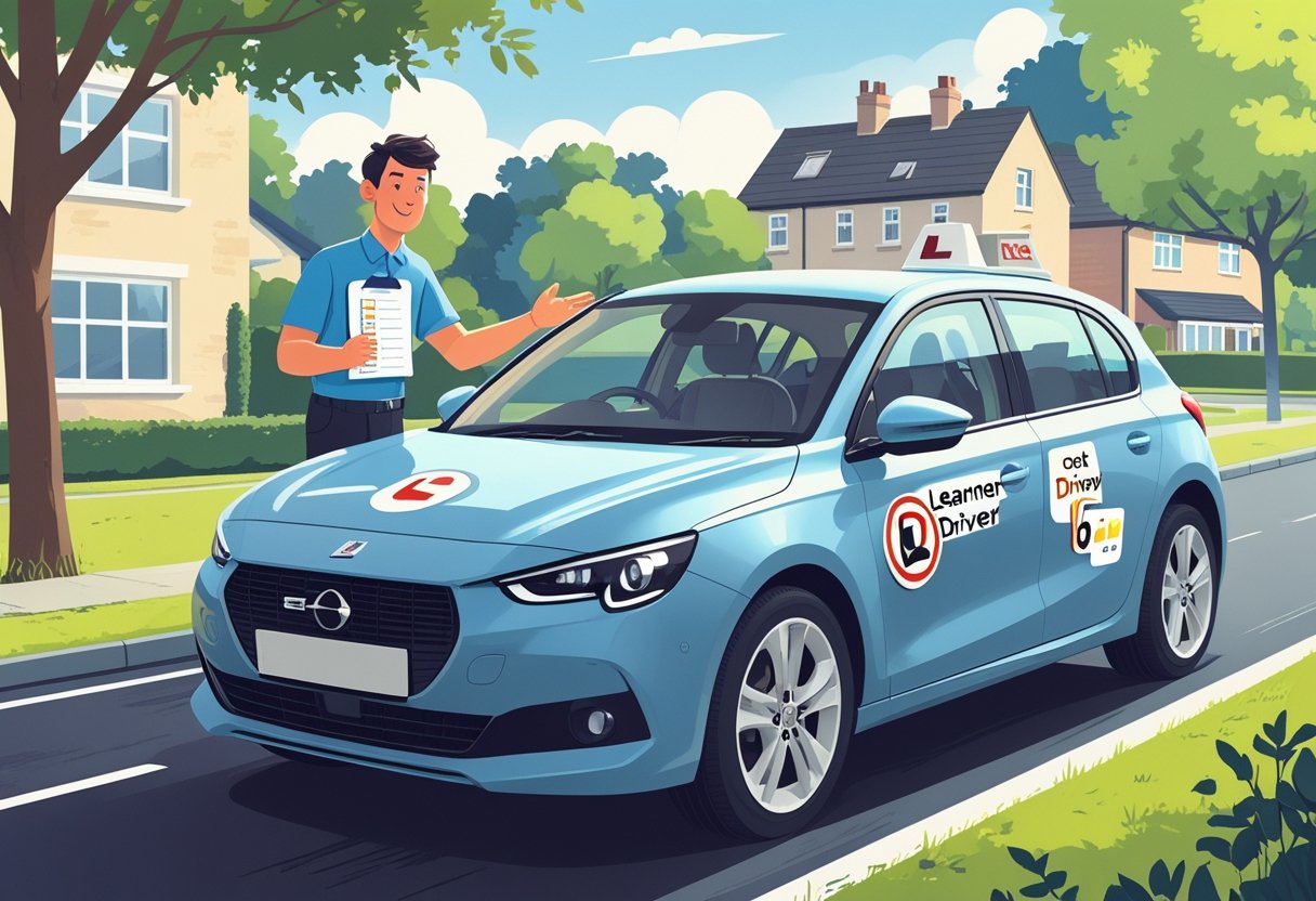 A young driver receiving guidance from a driving instructor beside a car on a quiet suburban road.