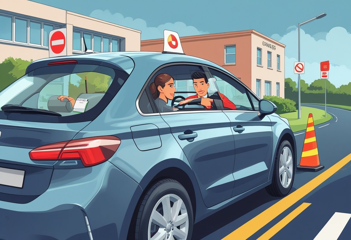 A learner driver receiving instruction from a driving instructor inside a car on a suburban road, with a clock and calendar visible outside to show time passing.