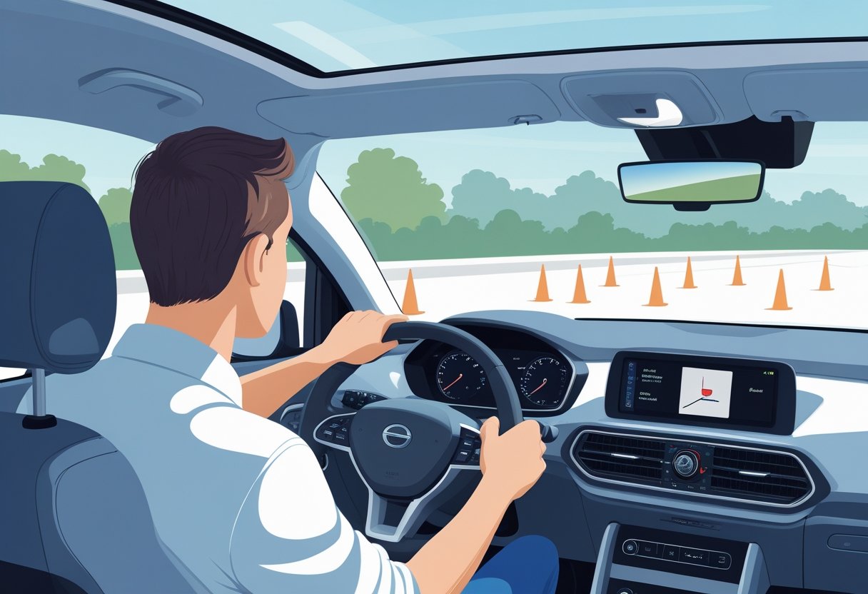 A learner driver and instructor in a car practicing essential car-control skills in an empty driving area with cones.