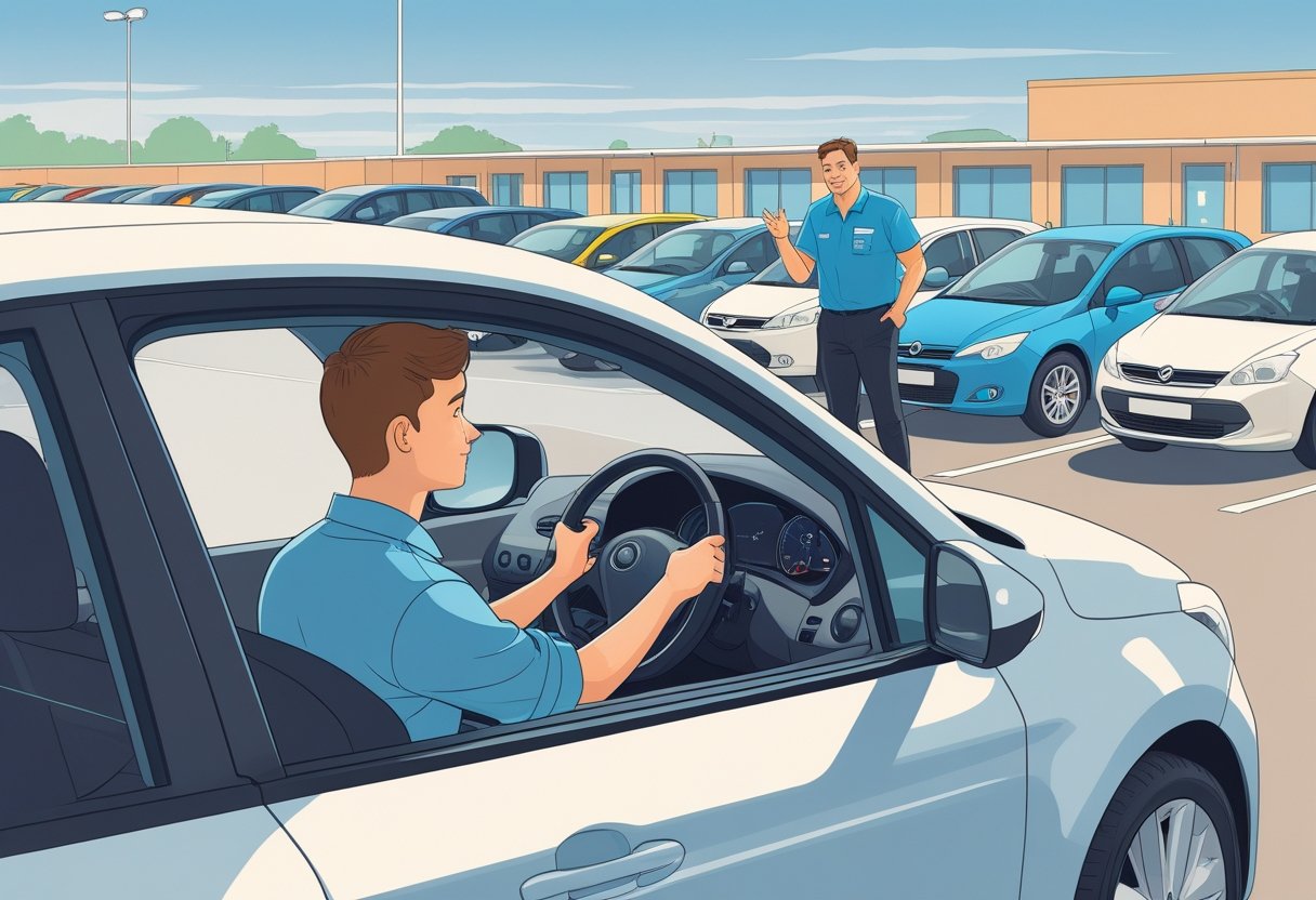 A learner driver sitting in a car looking at an instructor standing outside near several different parked cars.
