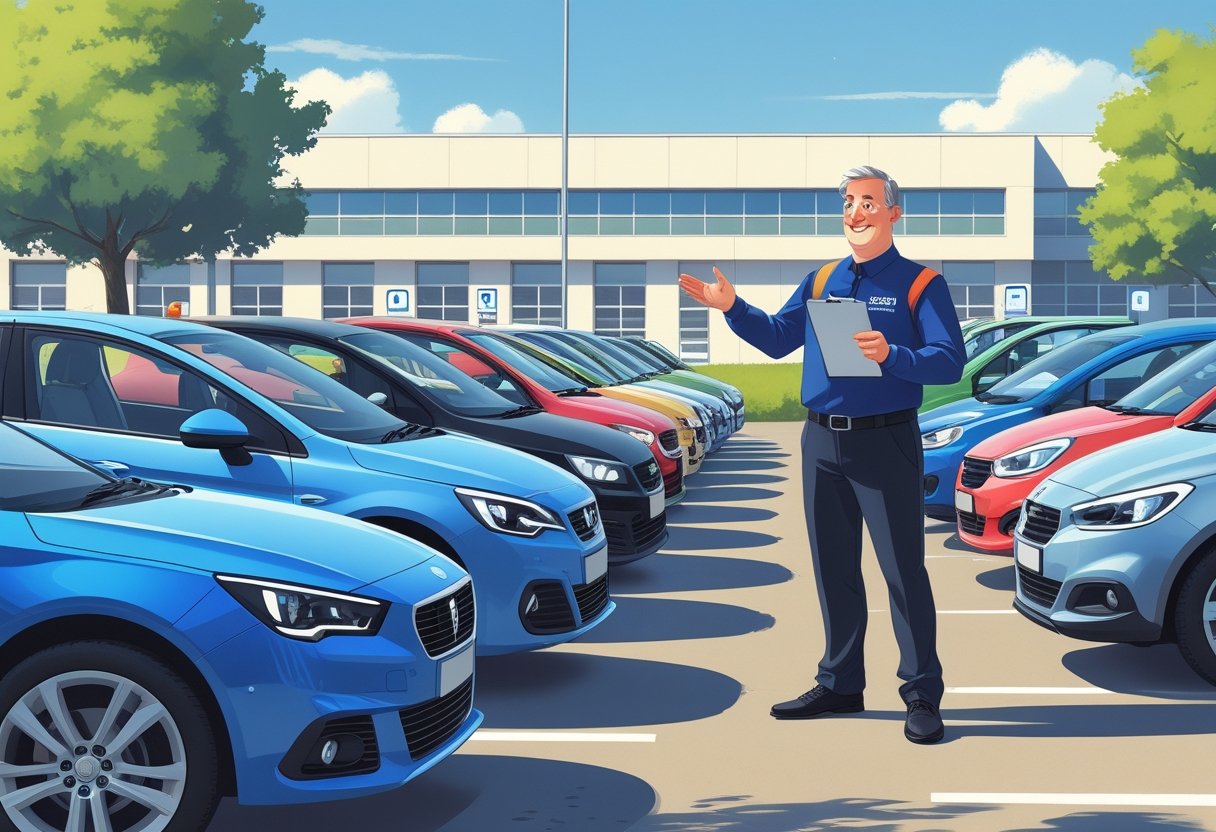 A driving instructor stands by several different cars while a learner driver watches, outside a driving school building.
