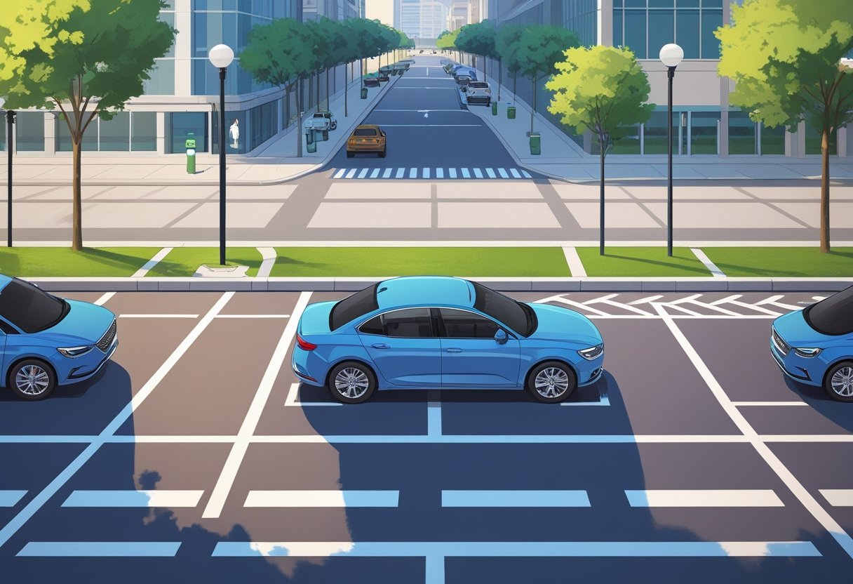 A city street showing a car in different stages of parallel parking between two parked cars along the curb.