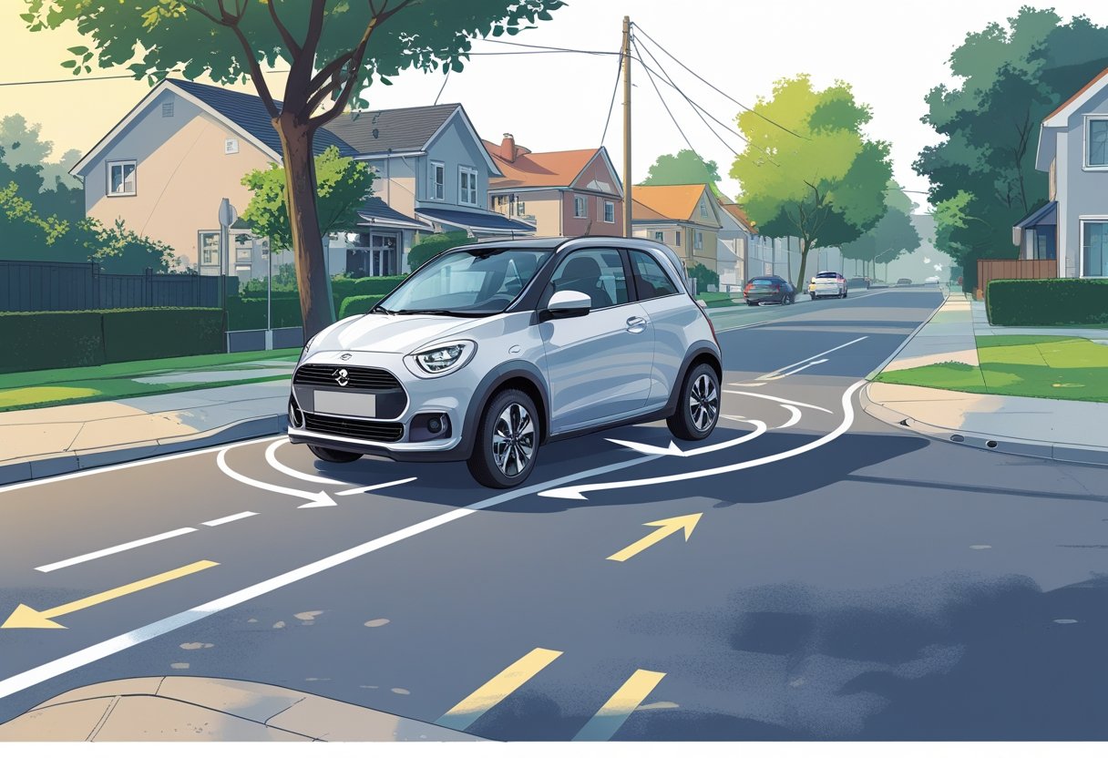 A car reversing carefully around a corner on a suburban street with houses and trees in the background.