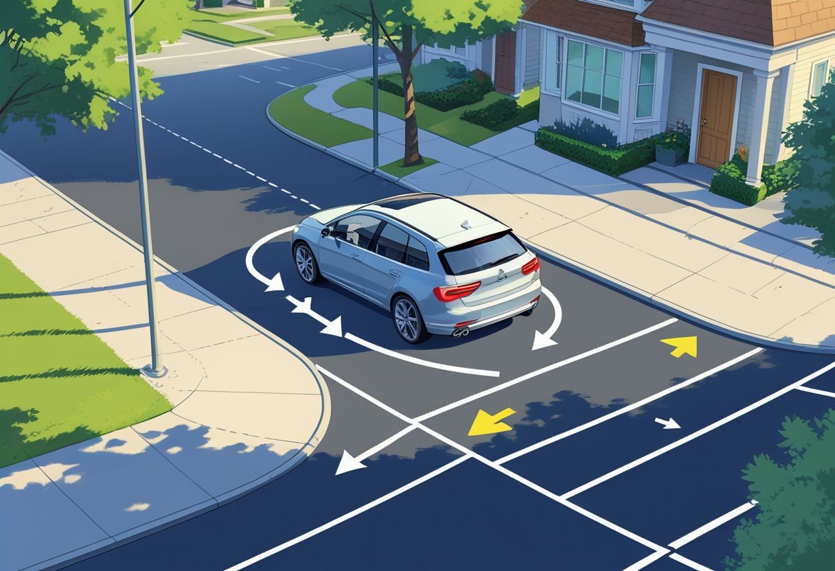 A car reversing around a corner on a suburban street, showing its position and path with arrows and road markings.