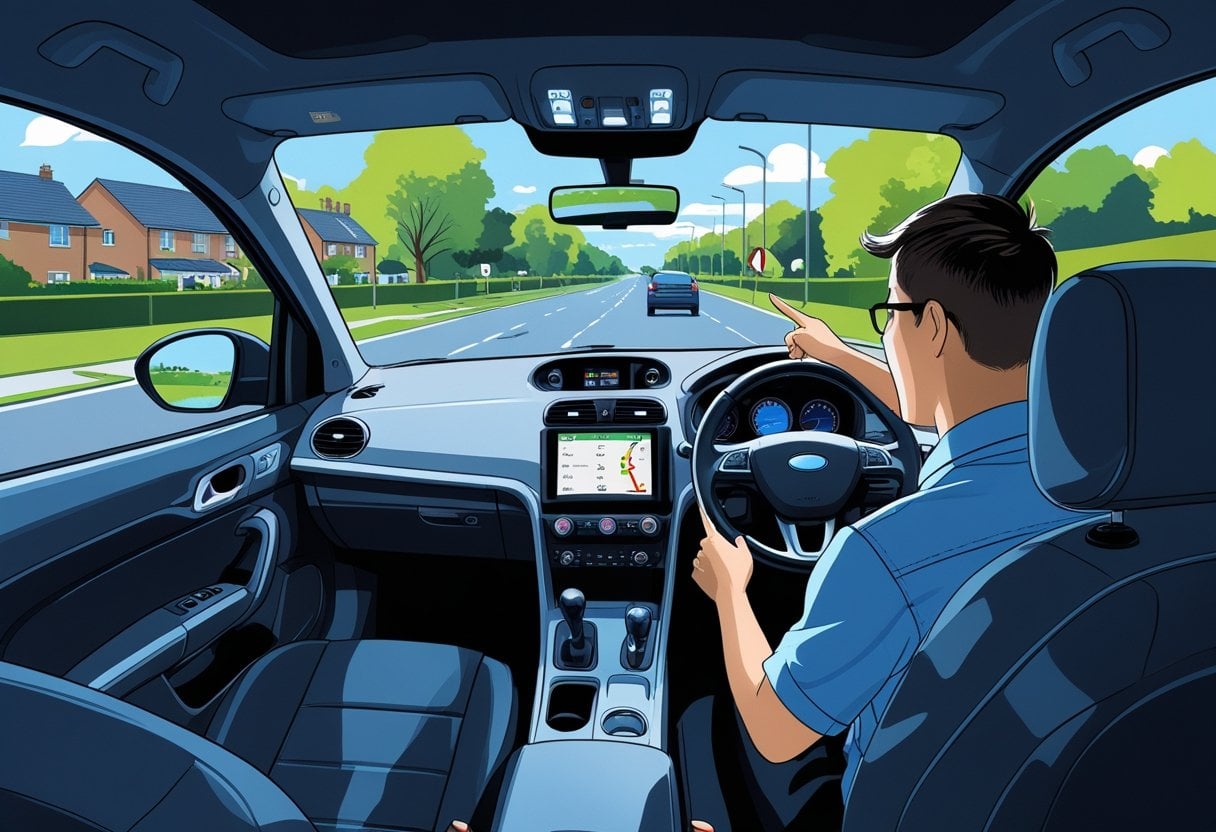 A driving instructor and learner in a car using a sat nav device to follow directions on a suburban road.
