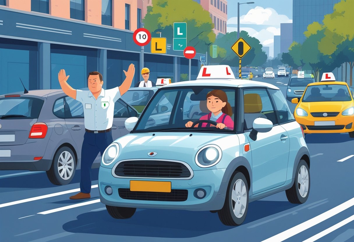 A learner driver and instructor in a car on a busy road with other drivers showing frustration, while the learner driver stays calm and focused.