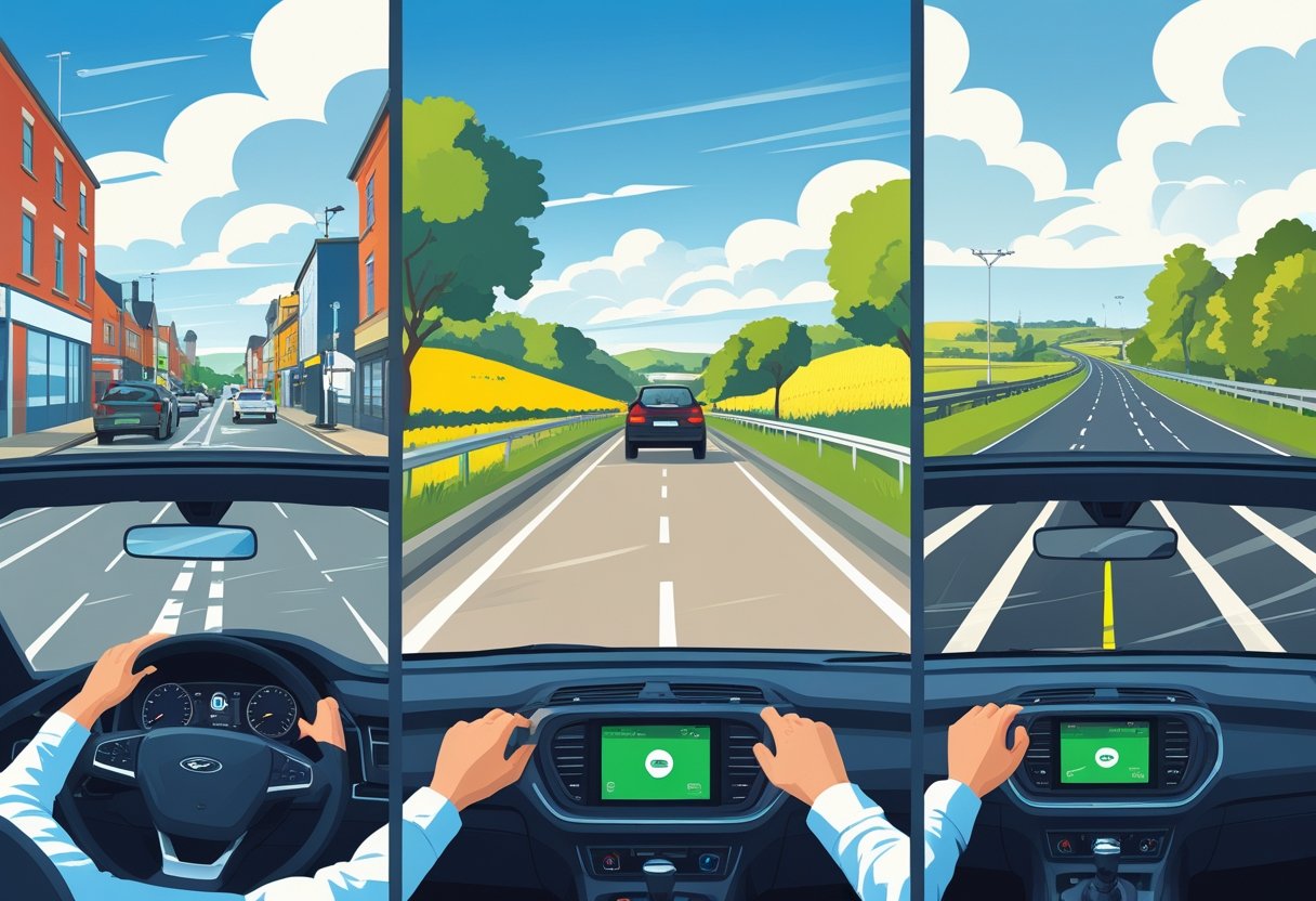 A learner driver practising driving on urban streets, rural roads, and a busy motorway, shown in three connected scenes with different surroundings.