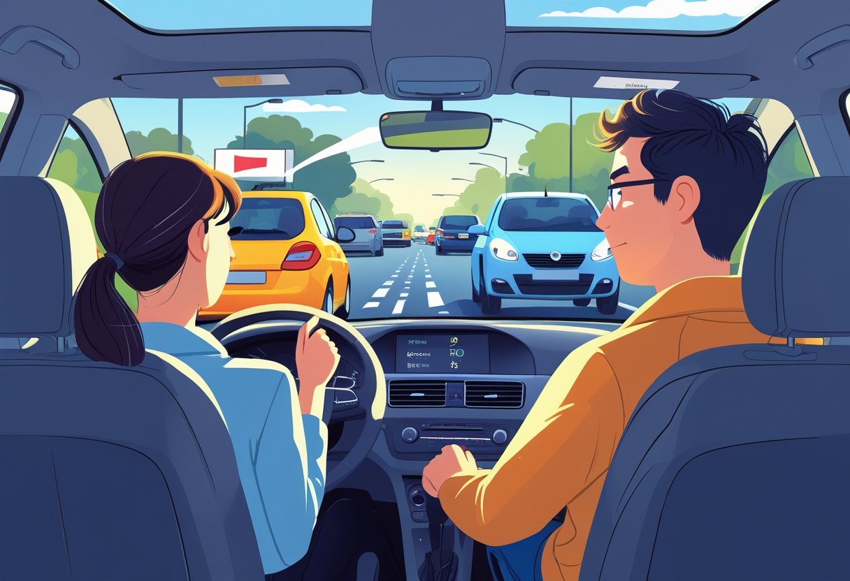 A learner driver calmly sitting in a car while another driver outside honks their horn briefly on a busy road.