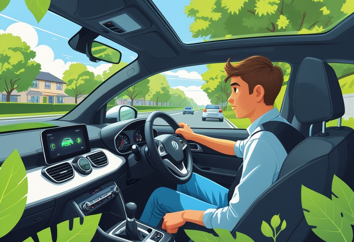 A learner driver focused on driving a car with a driving instructor beside them, surrounded by green trees on a clear suburban road.