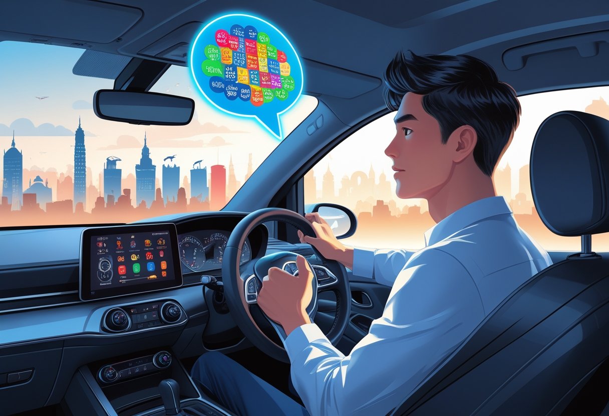 A young adult sitting in a car holding the steering wheel, with two floating speech bubbles showing native language characters and English letters, outside a cityscape with cultural landmarks.