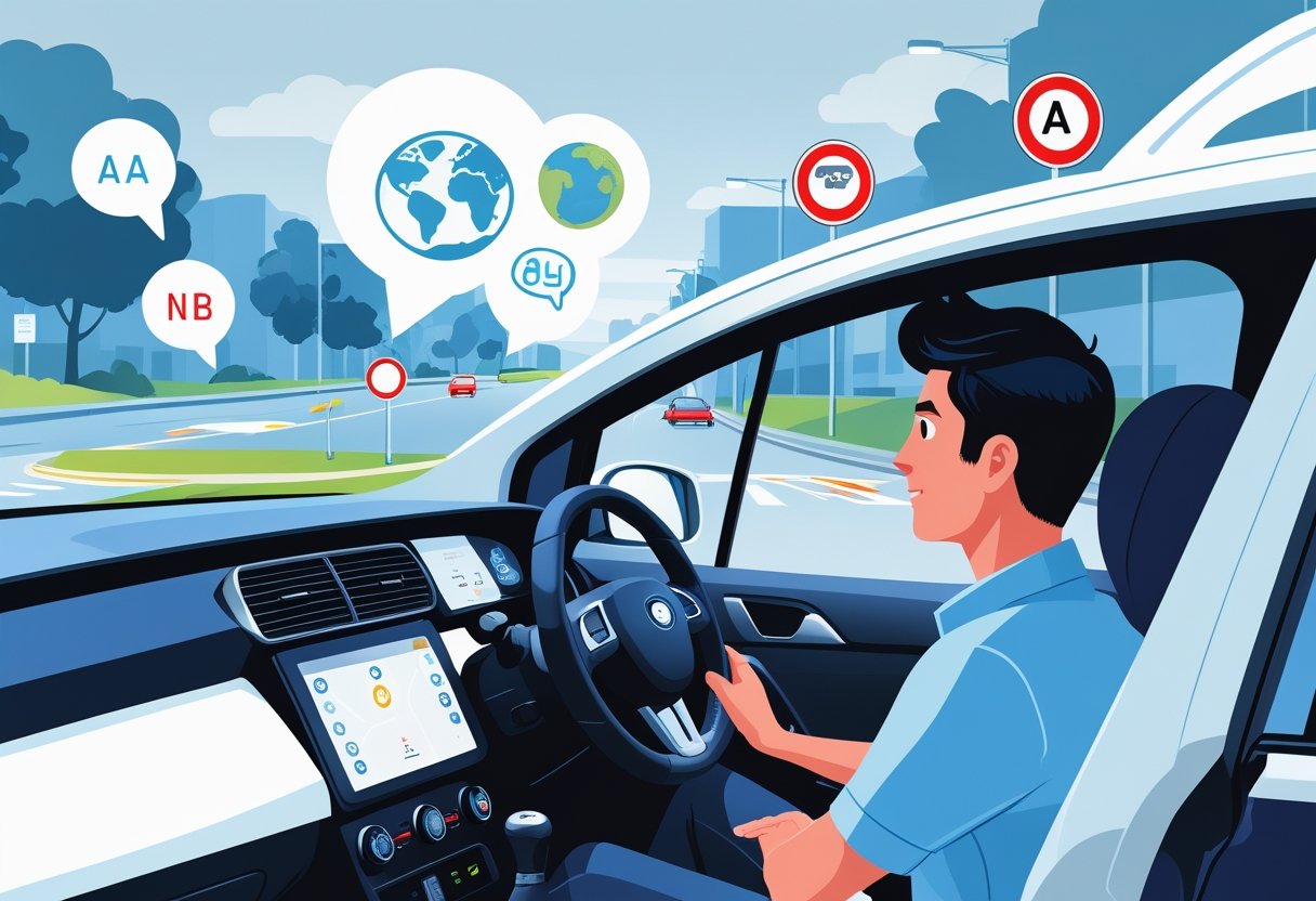 A learner driver sitting in a car with a driving instructor beside them on a quiet suburban street, surrounded by symbols representing different languages.