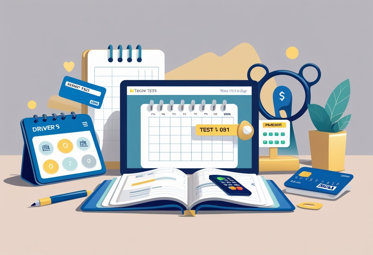 A desk with a driver's licence, theory test pass, payment method, and a calendar showing a test date.