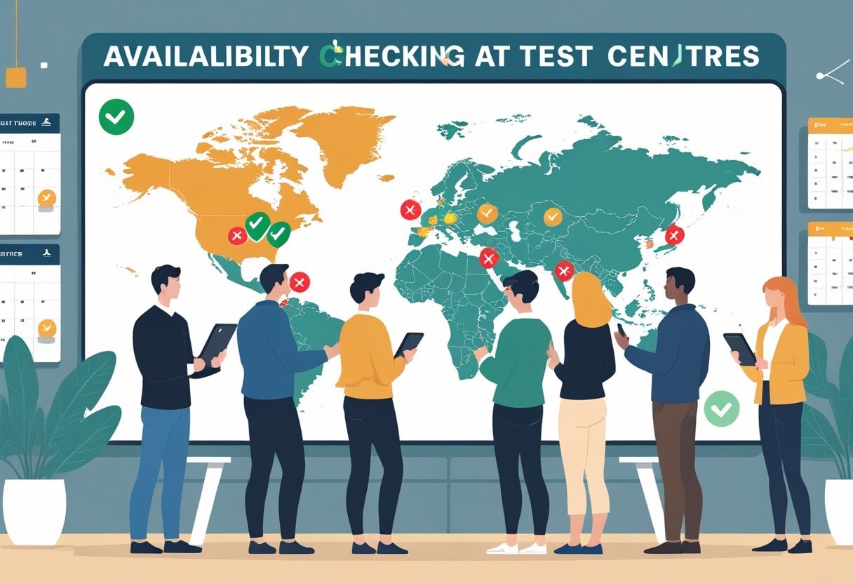 People using digital devices to check availability at various test centres shown on a large map with status indicators.