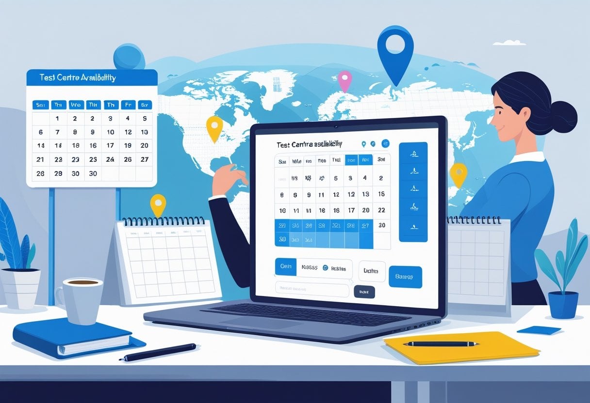 A person sitting at a desk using a laptop to check availability at different test centres, with a calendar and map showing location pins in the background.