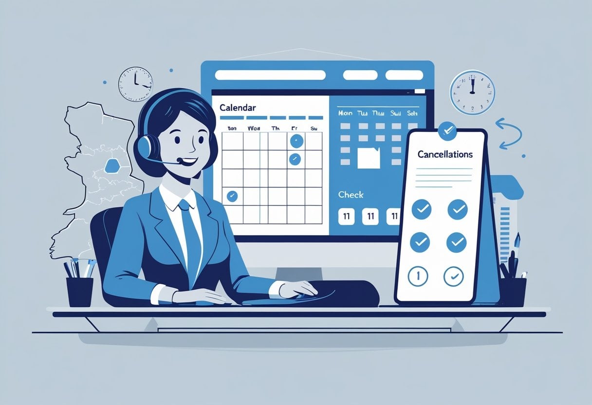 A customer service representative at a desk with a computer showing a calendar and checklist, surrounded by icons representing cancellations and rebooking, with a driving test centre and UK map in the background.