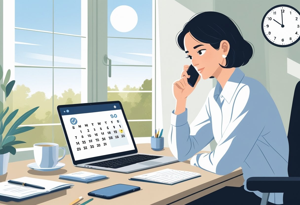 Person sitting at a desk with a laptop and smartphone, looking thoughtful while managing a sudden change in plans.