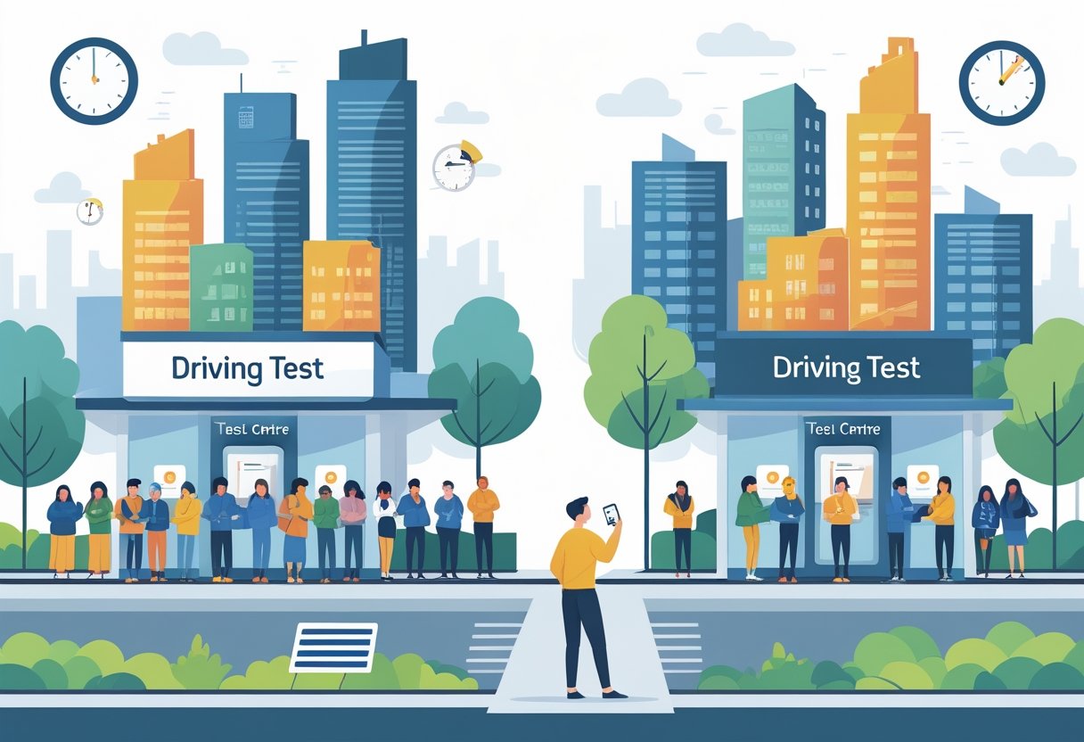 A person stands between two cityscapes, one with a long queue outside a driving test centre and the other with a shorter queue, considering travel options.