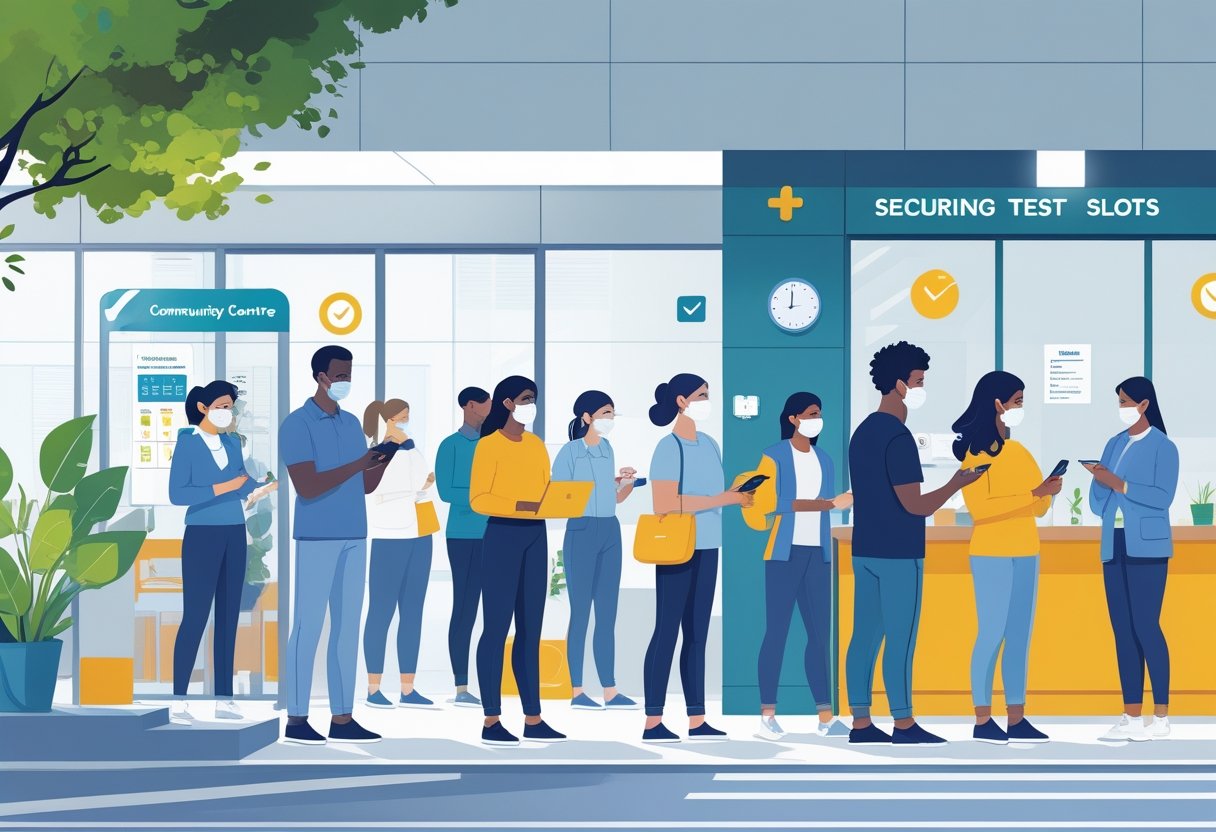 People waiting in line outside a testing centre, some using devices to book appointments, with staff assisting and safety measures in place.