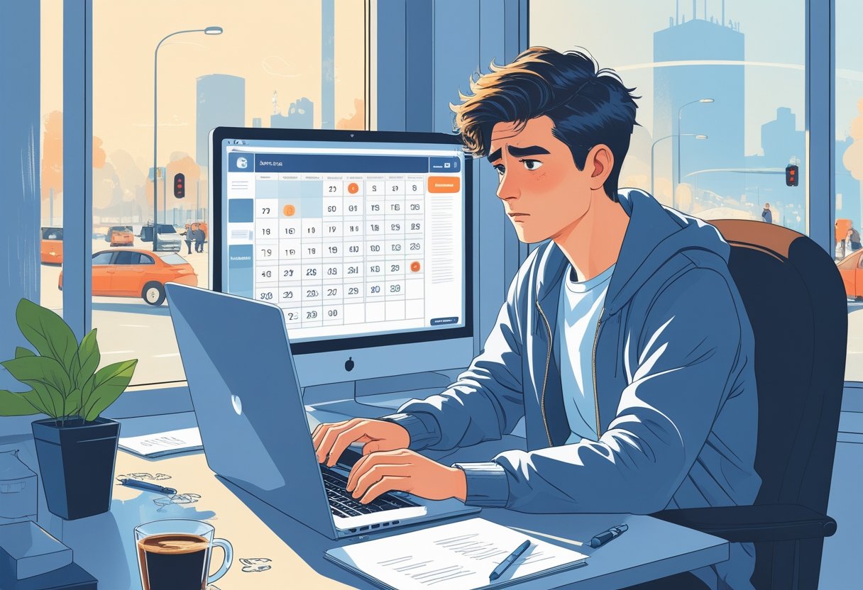 A young adult at a desk using a laptop, looking focused while trying to book a driving test, with a cityscape outside the window.