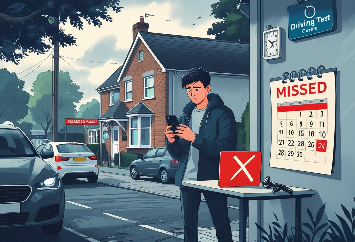A person standing next to a parked car looking at their phone with a missed appointment notification, a calendar showing a missed date, and a driving test centre with a closed sign in the background.