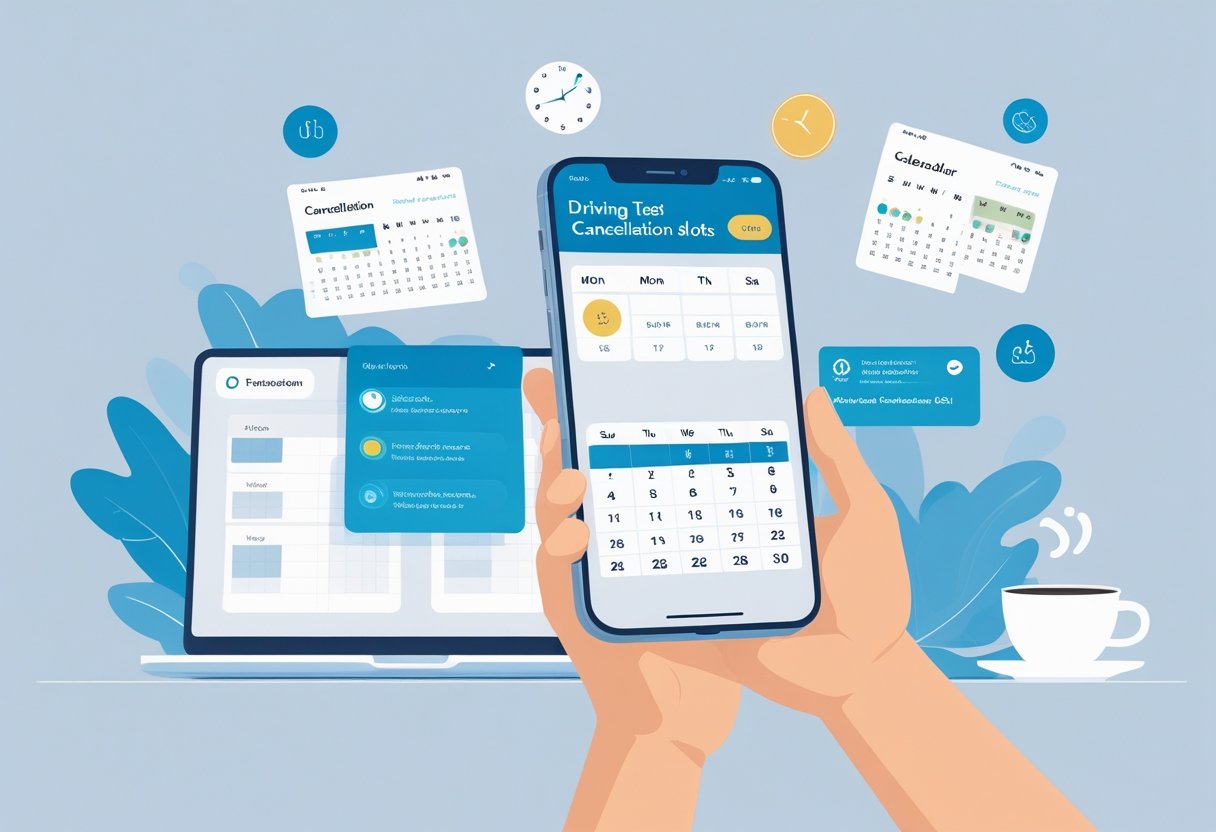 A person holding a smartphone showing available driving test cancellation slots on a calendar app, with icons representing notifications and time, set against a tidy workspace background.