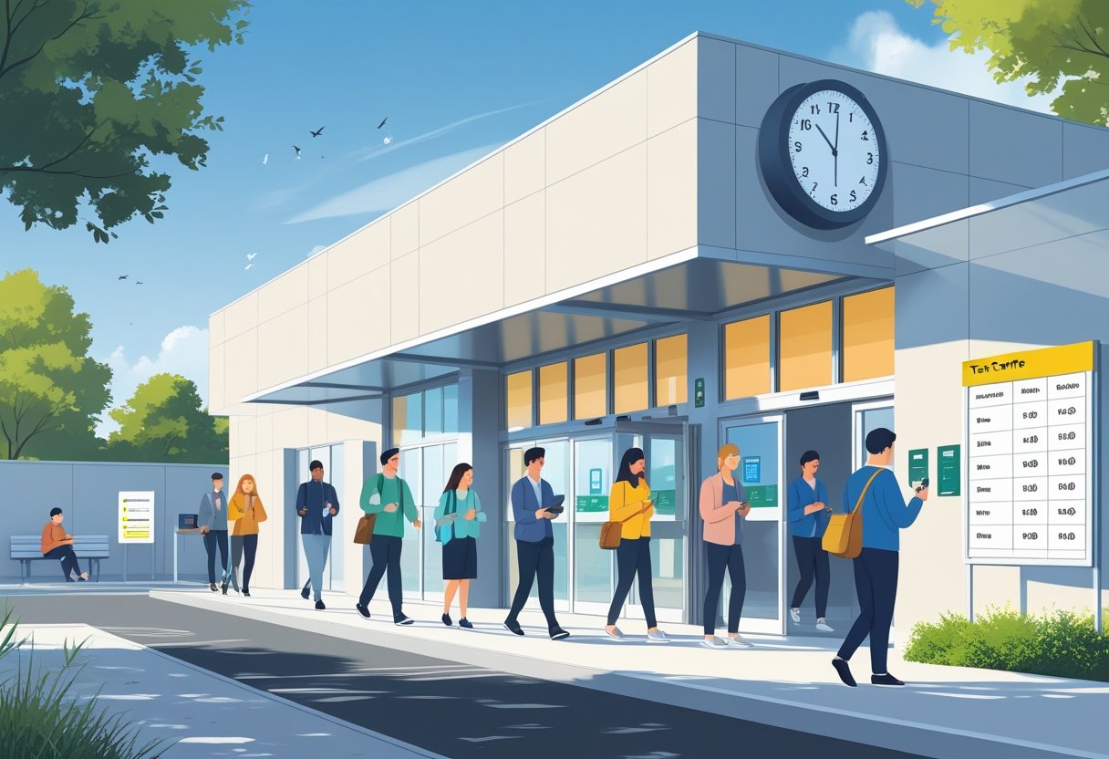 A test centre building with a clock and an information board showing opening hours, people entering and leaving at different times during the day.