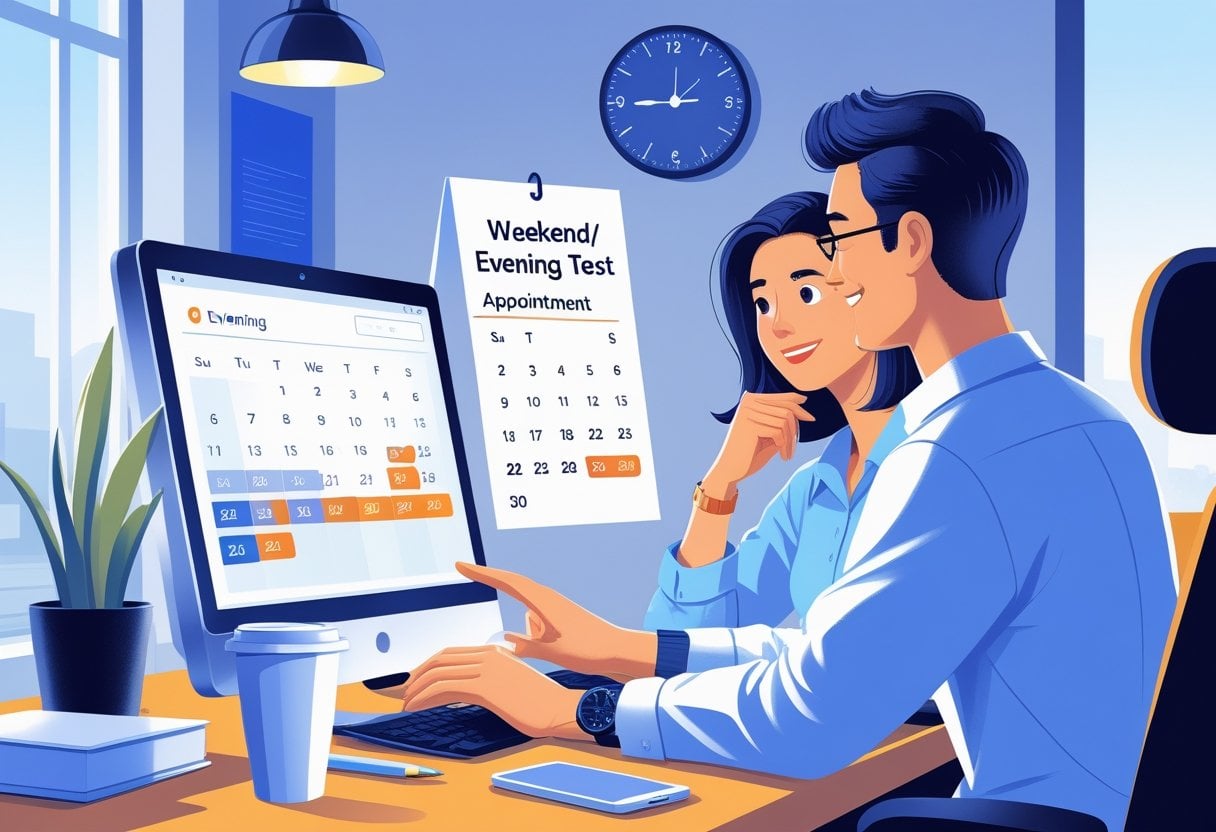 A customer service representative helping a young adult book a weekend or evening appointment using a laptop in a bright office.
