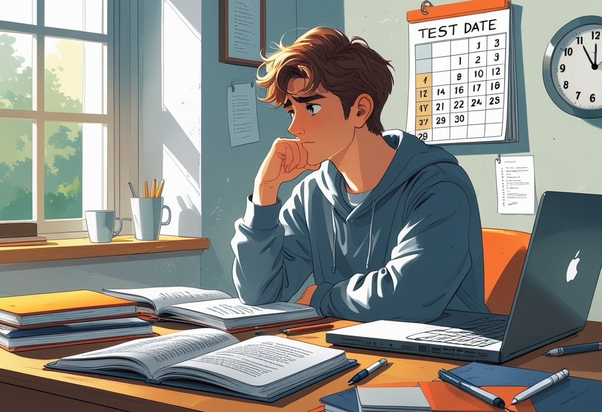A young student sitting at a desk surrounded by study materials, looking thoughtfully at a calendar showing an upcoming test date.
