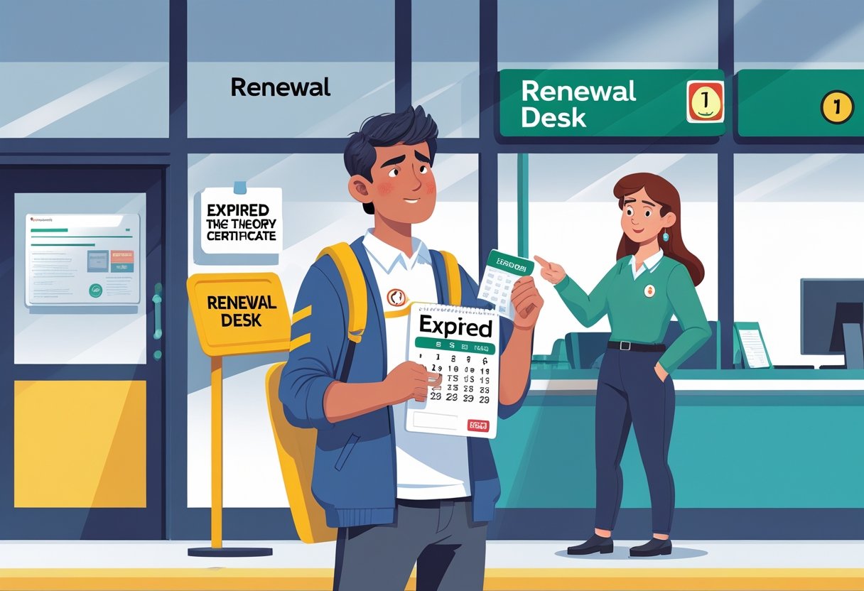 A person holding an expired certificate and a calendar stands outside a driving test centre, with an official pointing towards a renewal office nearby.