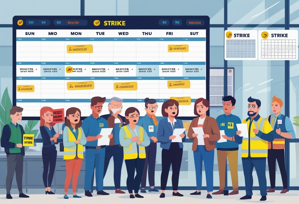 Office scene showing people concerned about disrupted test bookings with striking workers visible outside a window.