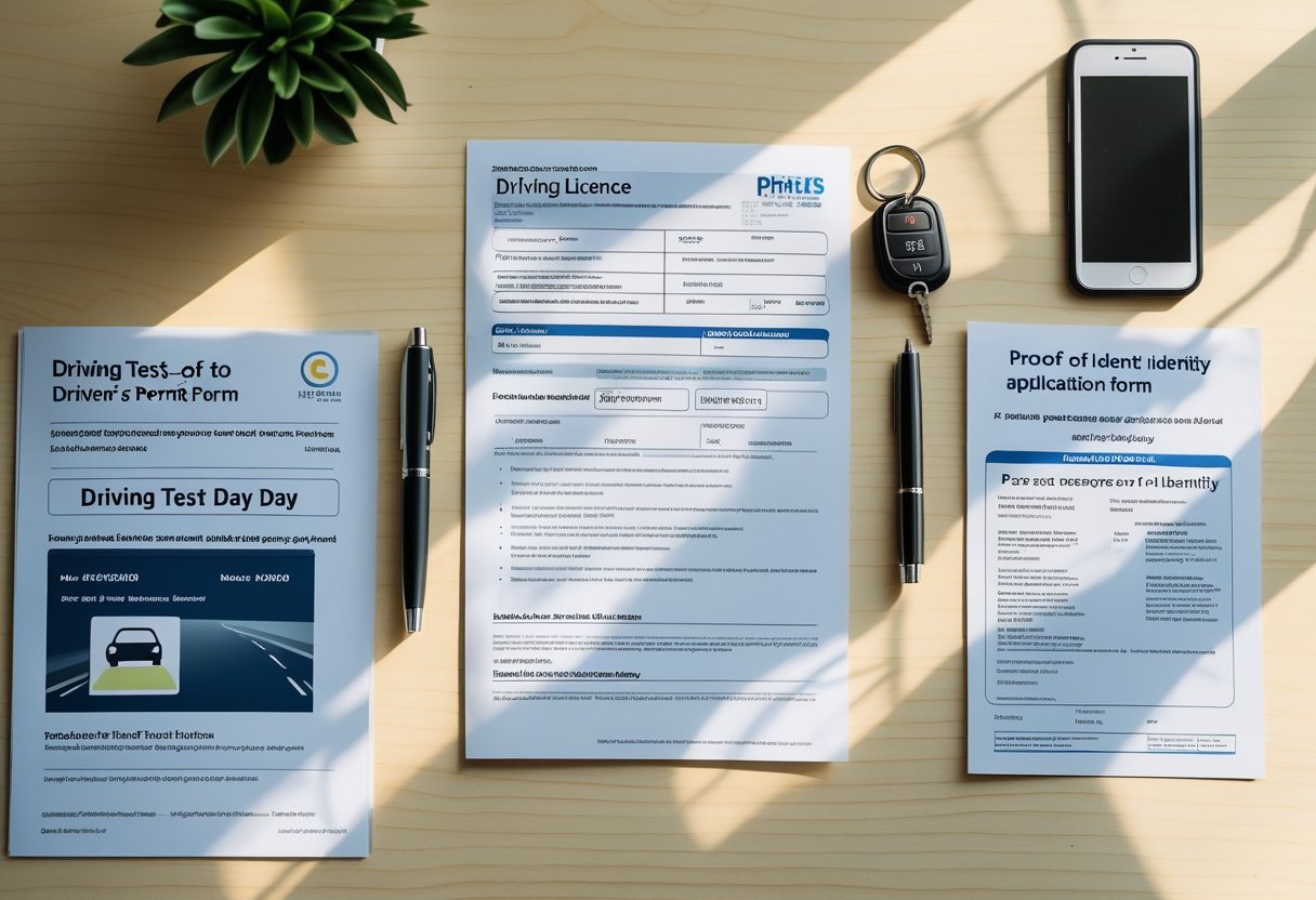 A flat lay of essential documents and items for driving test day arranged on a wooden desk, including a driving licence, learner's permit, identity card, car keys, and a pen.