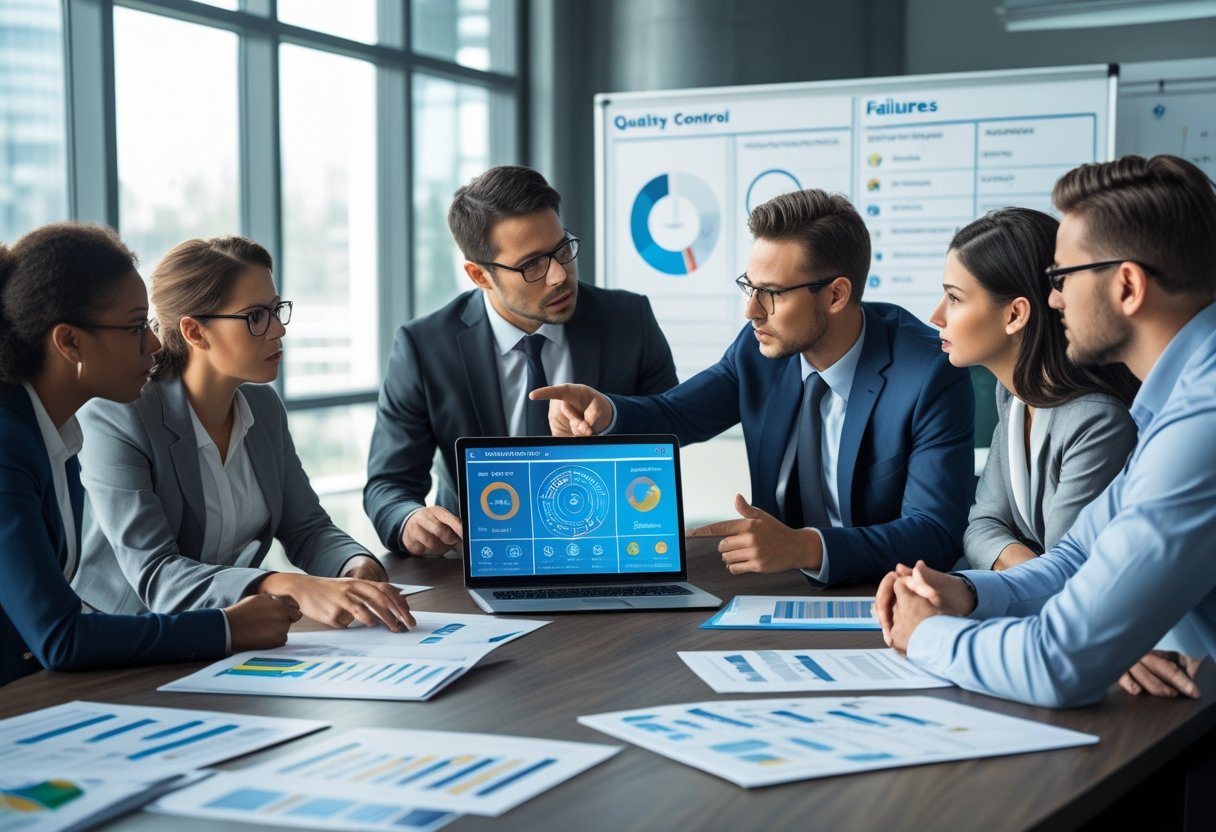 A group of business professionals discussing quality control data around a conference table in a bright office.
