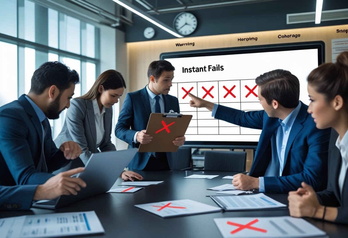 A group of professionals in an office reviewing a checklist with some items marked as failed, showing concern and urgency.