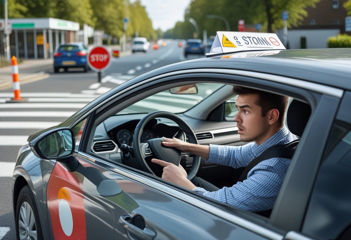 A young driver sitting in a car with a driving instructor pointing at a road sign during a driving test on an urban street.