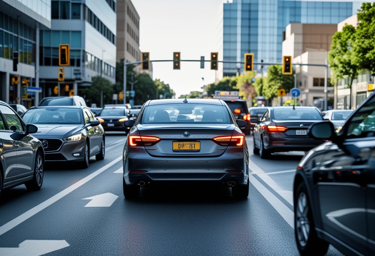 A slow-moving car on a busy city street with other vehicles around it.