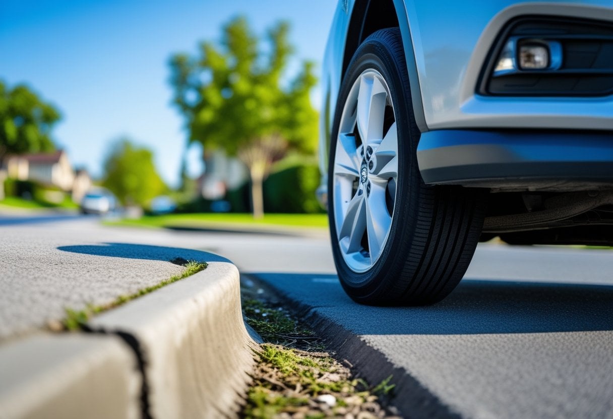 Close-up of a car's front wheel touching the kerb on a suburban street with houses and trees in the background.
