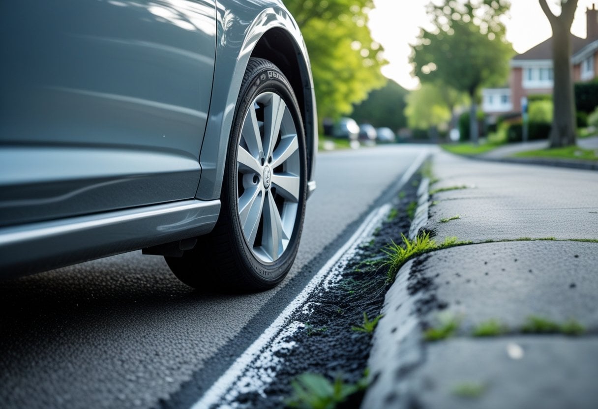Close-up of a car tyre lightly touching a kerb on a quiet suburban street.