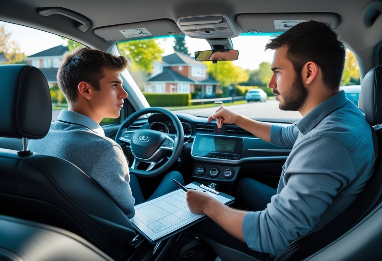A young driver and a driving instructor sitting inside a car, preparing for a driving test on a suburban street.