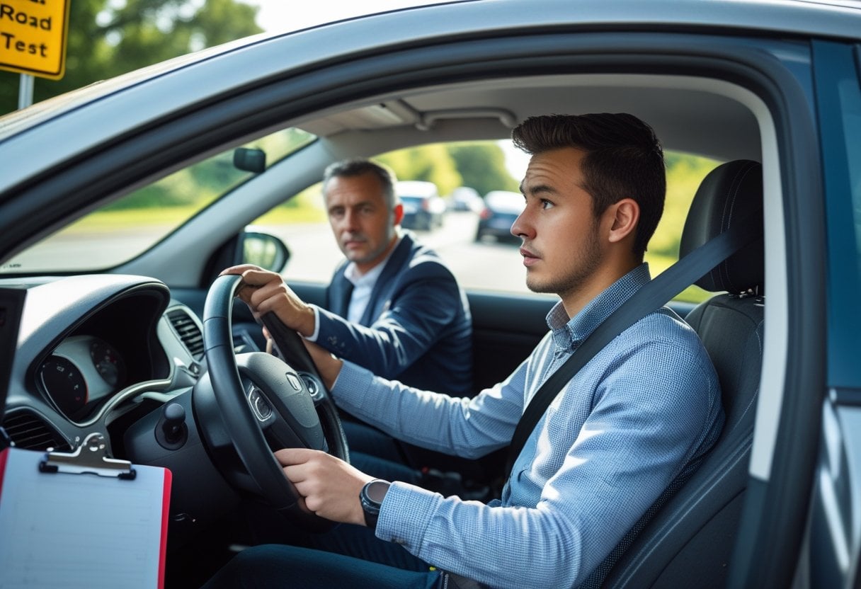 A learner driver sitting in the driver's seat of a car with a driving instructor in the passenger seat, both wearing seatbelts and preparing for a driving test.