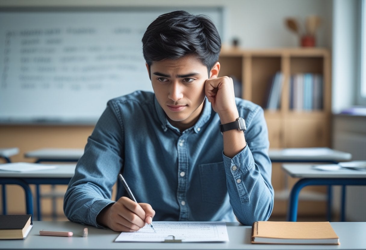 A student sitting at a desk looking thoughtfully at a test paper, holding a pen, in a classroom setting.