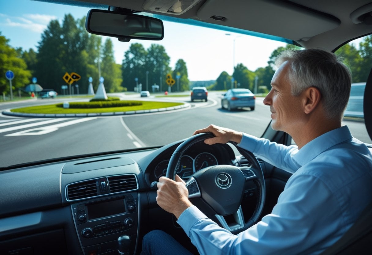 A calm driver inside a car approaching a roundabout with clear road markings and other vehicles moving smoothly.